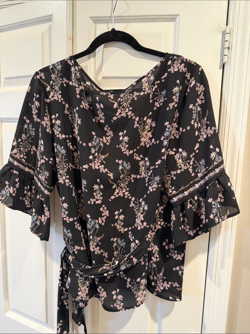 Max Studio Black Blouse with Pink Floral Print and Tie Waist